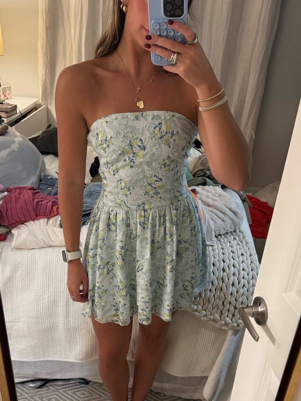 Strapless Floral Mini Dress in Pale Blue and Green